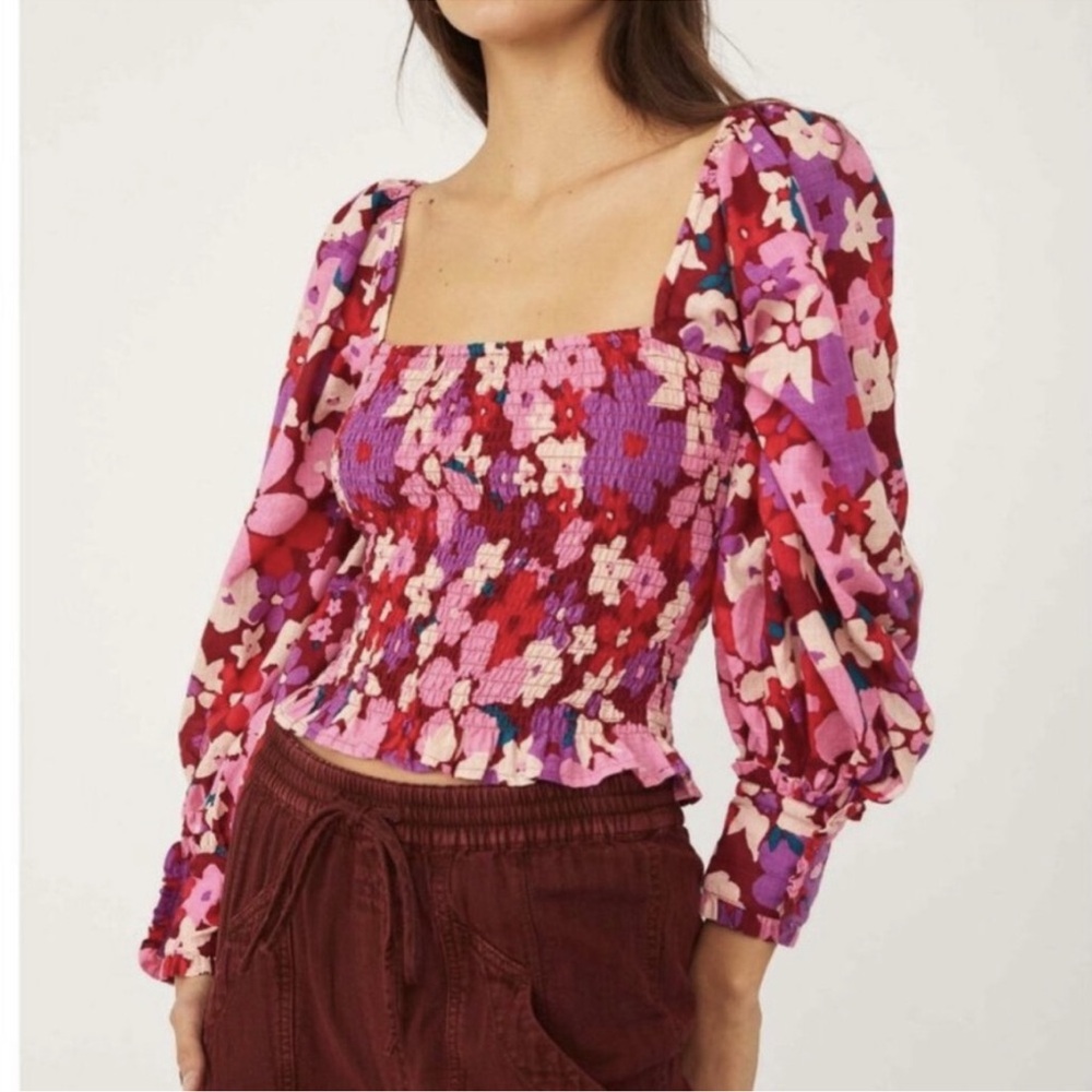 Free People Ariana Floral Printed Smocked Top Multi Puff Sleeve Square Neck-L
